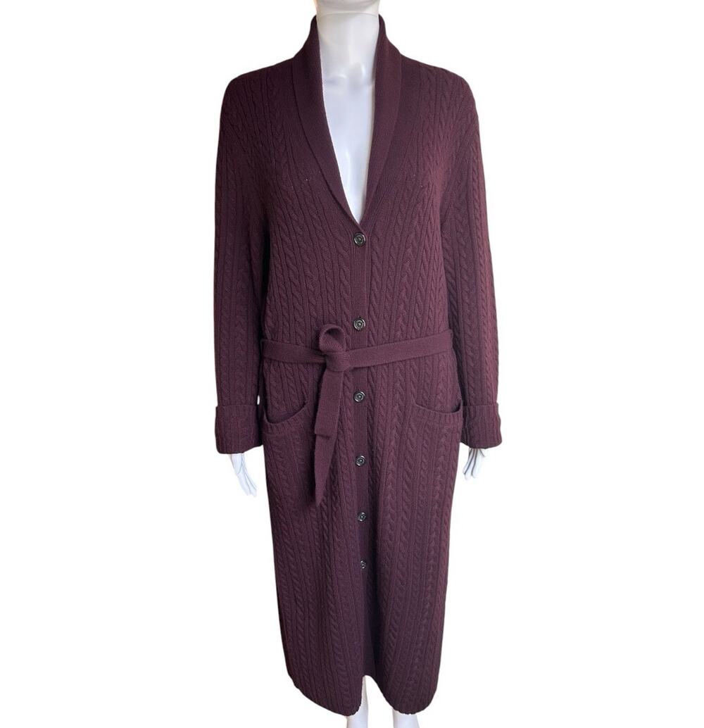 Vintage Lauren Ralph Lauren Cable Knit Duster Cardigan L Merino Cashmere Belted